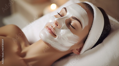 Beautiful young woman with facial mask in spa salon. Beauty treatment