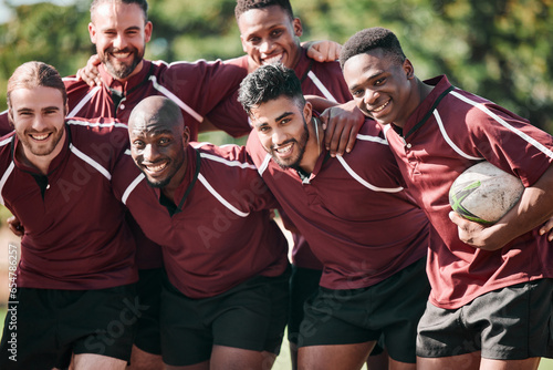 Portrait  men and rugby with smile while standing  together and happiness for victory. Team  young and boys for sports for bonding with exercise  fitness or winning of game  tournament or practice