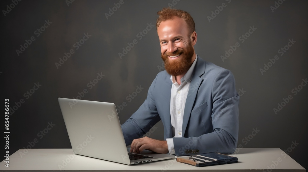 male businessman smiling with a laptop, in the style of dark gray and amber, appropriation artist, exaggerated features, iso 200, manapunk, transfer, danish design - obrazy, fototapety, plakaty 