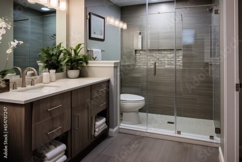 A serene and minimalist transitional bathroom with neutral tones  subway tile  and modern lighting  perfect for a relaxing and clean home renovation.