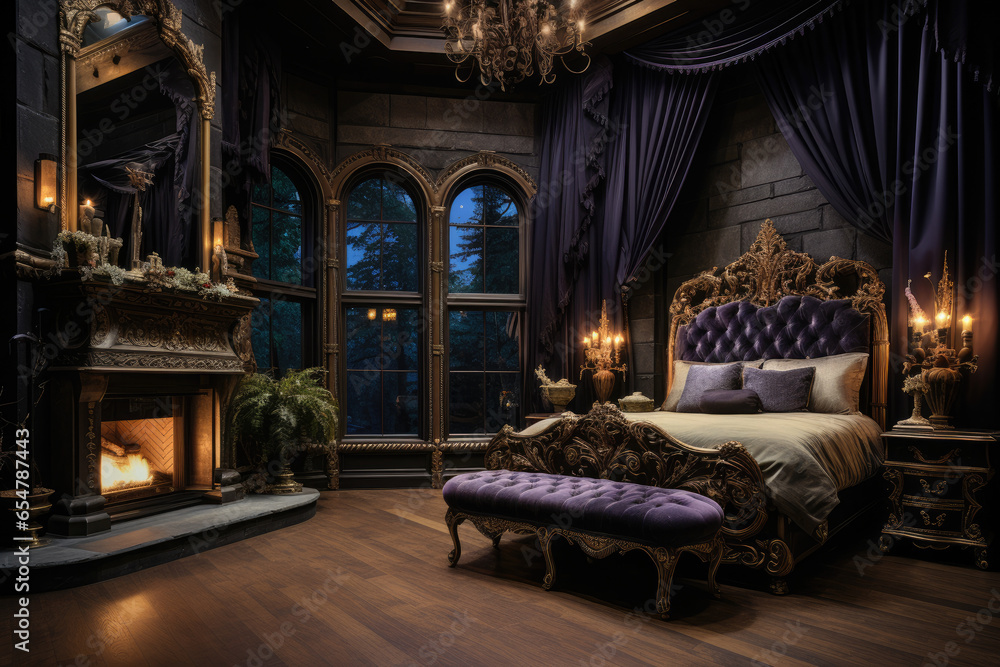 Ethereal elegance and captivating grandeur: a mesmerizing Gothic bedroom featuring ornate furniture, intricate details, and hauntingly beautiful gothic motifs in a Victorian-inspired