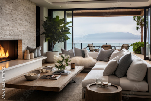 A Coastal Haven with Contemporary Flair  Serenity by the Sea  a Tranquil Ambiance with Coastal-Inspired Furniture and Decor.