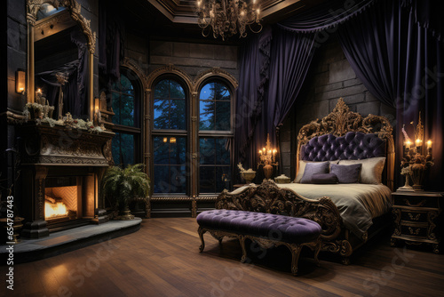 Ethereal elegance and captivating grandeur: a mesmerizing Gothic bedroom featuring ornate furniture, intricate details, and hauntingly beautiful gothic motifs in a Victorian-inspired