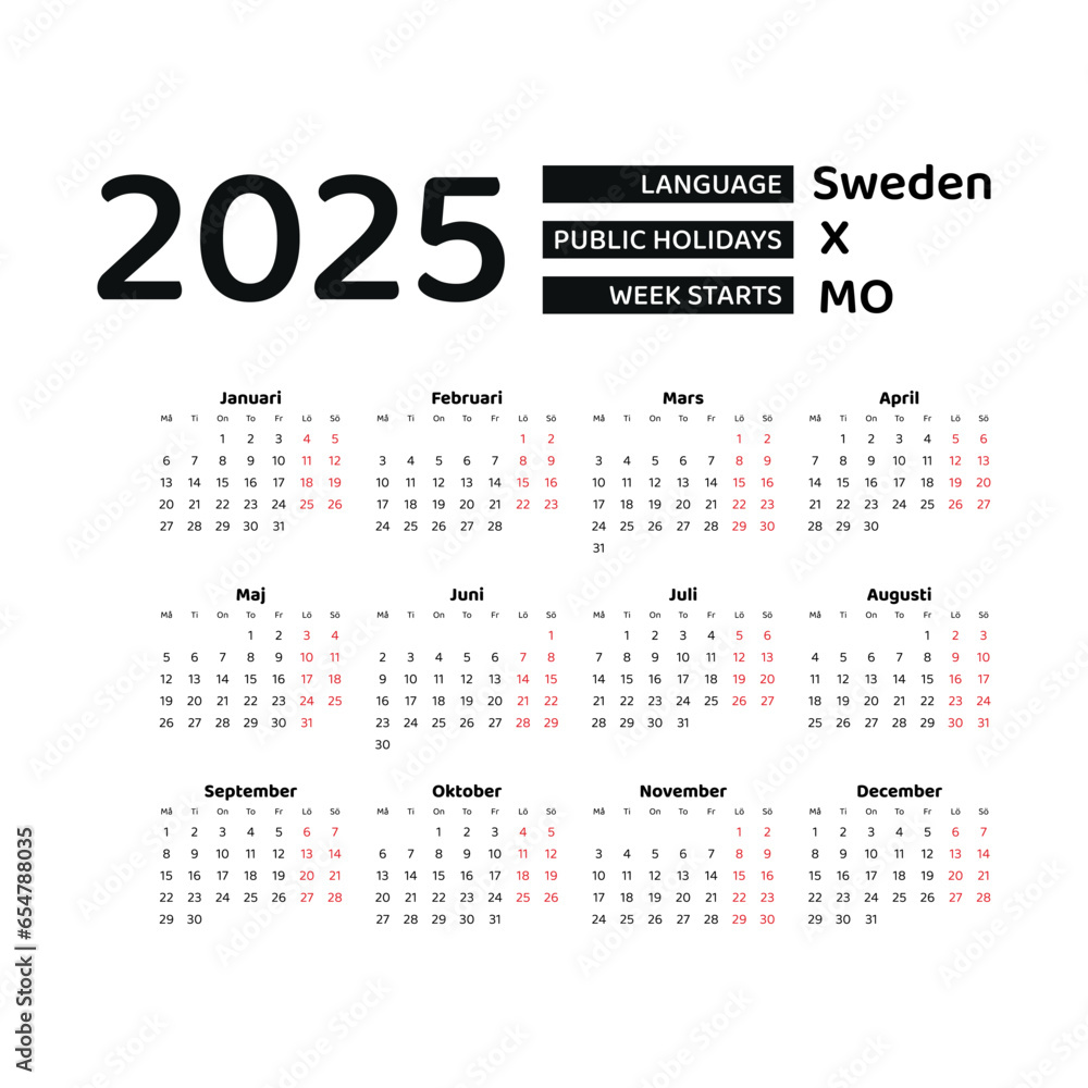 Sweden Calendar 2025. Week starts from Monday. Vector graphic design