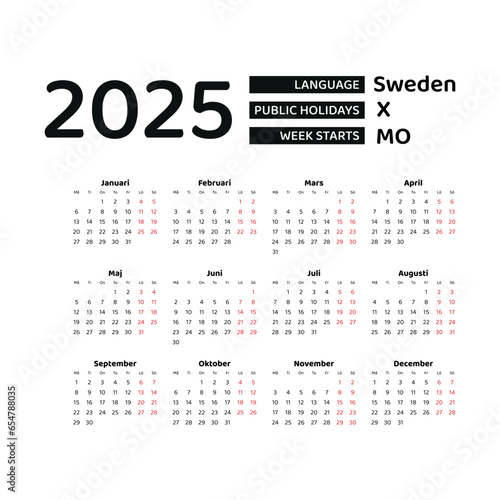 Sweden Calendar 2025. Week starts from Monday. Vector graphic design. Swedish language.