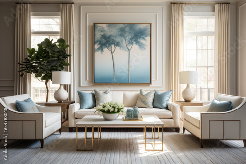 An Elegant Living Room Interior with Serene Blue and Beige Colors  Stylish Furniture  and Harmonious Decor for a Peaceful Ambiance