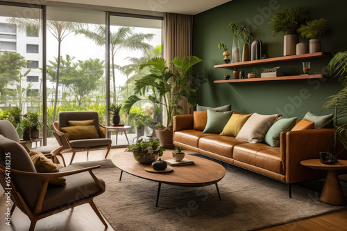 A Serene and Stylish Living Room Interior with Modern Furnishings, Earthy Brown and Vibrant Green Colors, and Natural Elements Creating an Inviting and Cozy Atmosphere. © aicandy