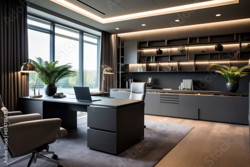 A Captivating Office Interior Immersed in Shades of Gray: Elegance, Serenity, and Modern Lighting Enhance Productivity in a Sleek, Minimalist Workspace.