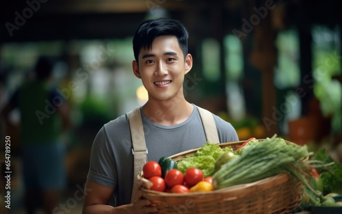 A young Chinese man holds a basket of vegetables