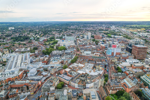 amazing aerial view of the downtown and High Street of Reading, Berkshire, UK