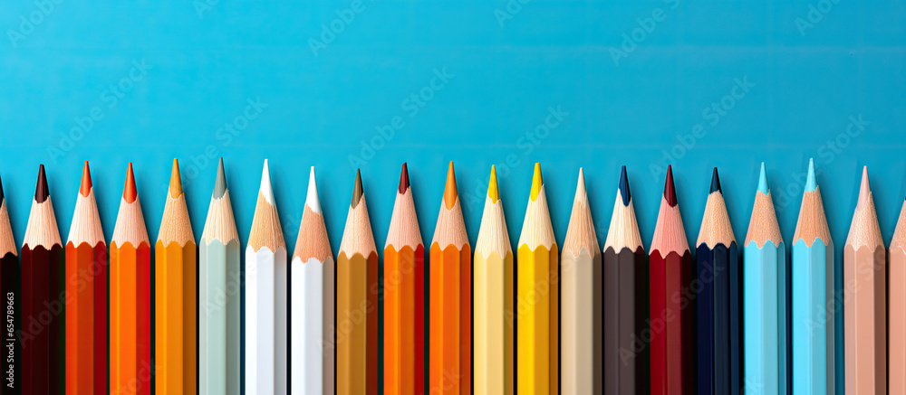 row of colored pencils lined up against a blue background row of colored pencils lined up against a blue background