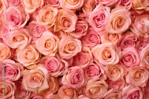 Bright, romantic flower wall made of pink roses. Elegant and colorful background. Generative AI