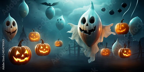 Halloween Ghost and Pumpkin, 
Spooky Halloween Scene, 
Scary Pumpkin and Ghost,
Haunted Halloween Illustration photo