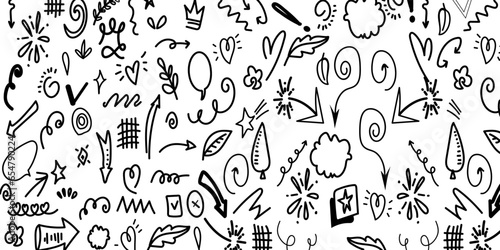 Abstract arrows, ribbons, hearts, stars, crowns and other elements in a hand drawn style for concept designs. Scribble illustration. 