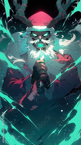 Sinister Santa Claus portrait, epic scene, angry evil warrior in red suit. Anime style.