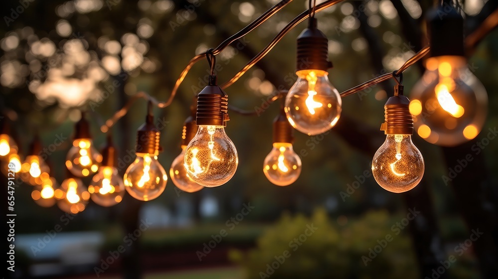 Outdoor string lights for wedding ceremony evening, With candles and lamps. - obrazy, fototapety, plakaty 