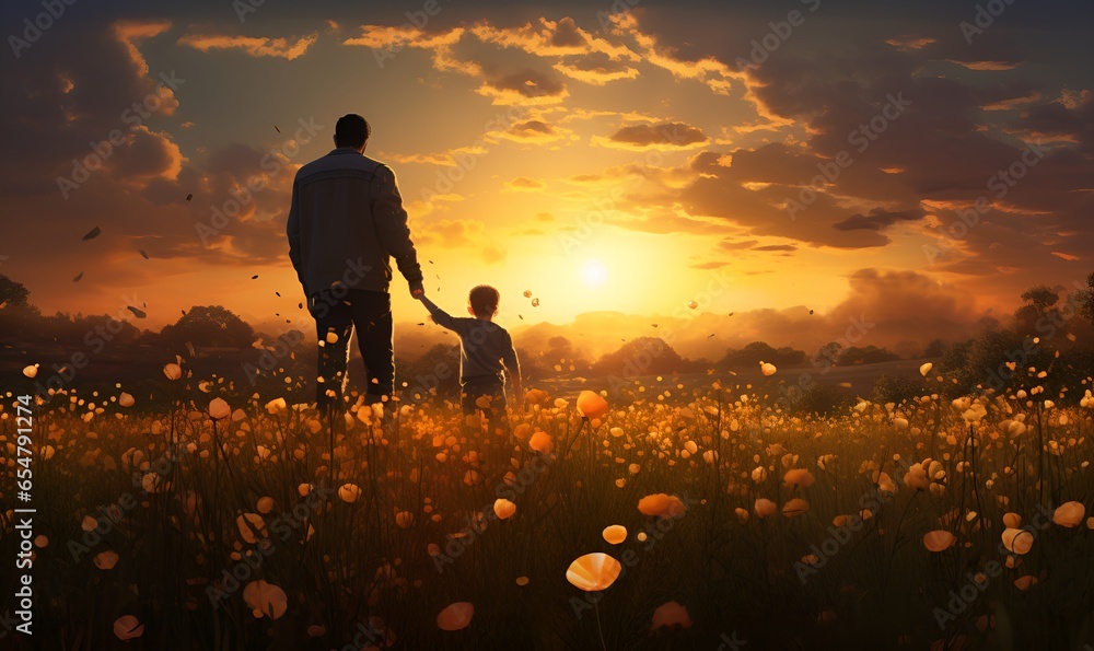father and son silhouette in flower field at sunset, ai generative - obrazy, fototapety, plakaty 