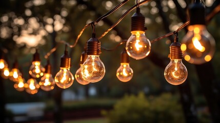 Outdoor string lights for wedding ceremony evening, With candles and lamps.