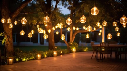 Outdoor string lights for wedding ceremony evening, With candles and lamps.