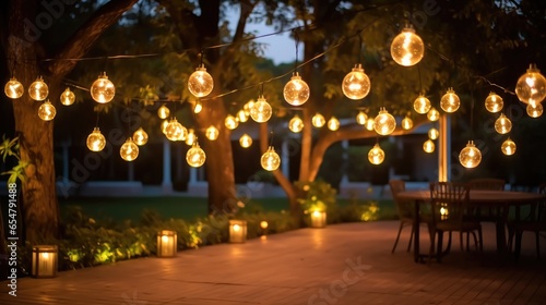 Outdoor string lights for wedding ceremony evening  With candles and lamps.