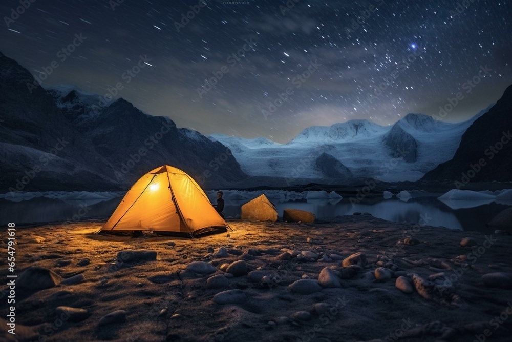 Nighttime camping on glacier with stars. Generative AI