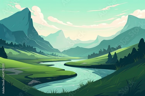 Landscape with Mountains, River, and Greenery #654792205