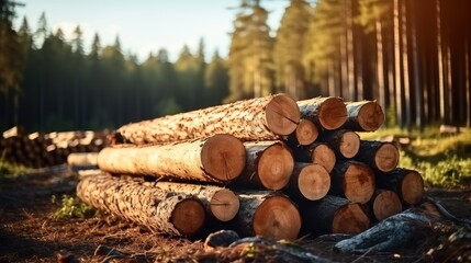 Log trunks pile, Wooden trunks pine, Logging timber wood industry.