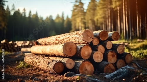 Log trunks pile, Wooden trunks pine, Logging timber wood industry. photo