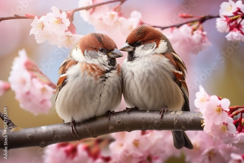 Close-up of adorable sparrow birds snuggling on cherry blossom tree branch in warm spring, perfect for romantic animal background. Generative AI © Wilder