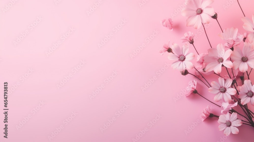 pink blossom. Banner with frame made of rose flowers and green leaves on a pink background