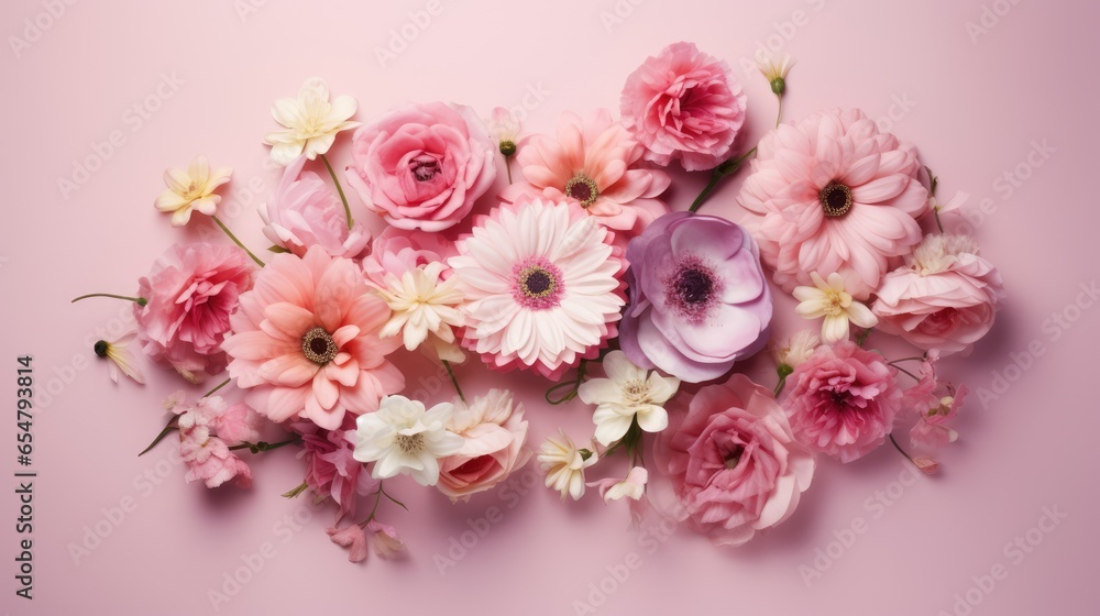 bouquet of pink roses. Banner with frame made of rose flowers and green leaves on a pink background