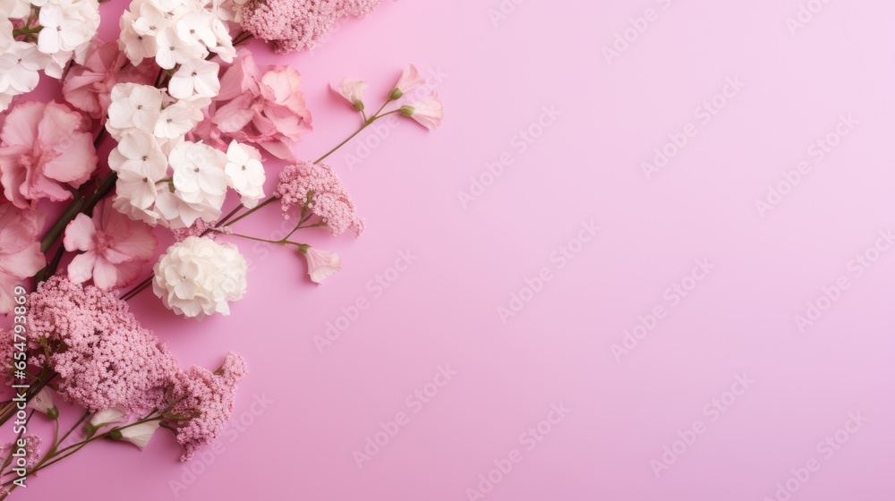 pink cherry blossoms. Banner with frame made of rose flowers and green leaves on a pink background