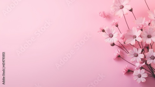 pink blossom. Banner with frame made of rose flowers and green leaves on a pink background © ZOOM000