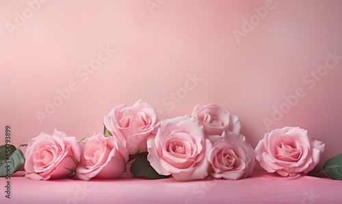 pink roses. Banner with frame made of rose flowers and green leaves on a pink background