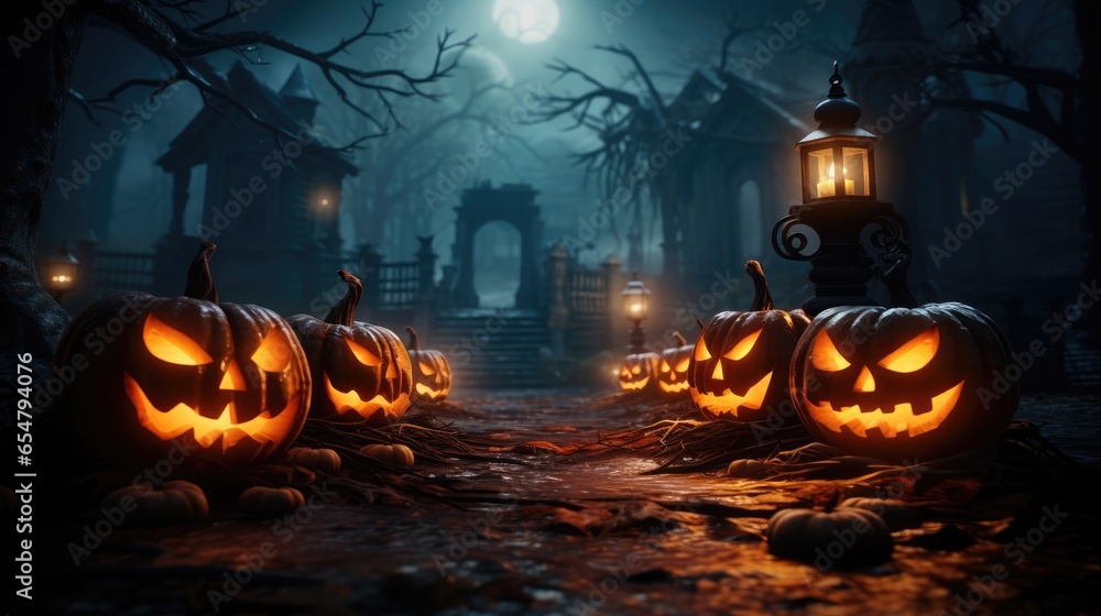 Fototapeta premium Pumpkin head jack lanterns, bats in dark spooky mystery forest at Halloween night, Halloween background.