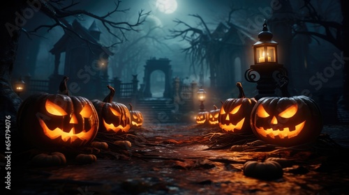 Pumpkin head jack lanterns, bats in dark spooky mystery forest at Halloween night, Halloween background.