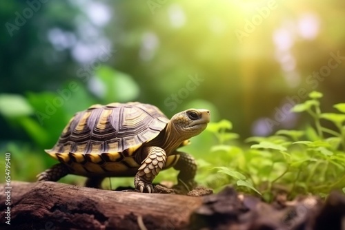 Leopard tortoise in natural green background with sunlight bokeh. Generative AI © Carter
