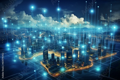 An image showing a networked city in the cloud, collecting data from devices globally. It represents a futuristic city concept. Generative AI © Koa
