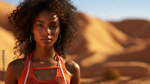 Super Sexy Afroamerikanisches Model in roten Designer Outfit mit fantastischen Dünen im Hintergrund Querformat, ai generativ
