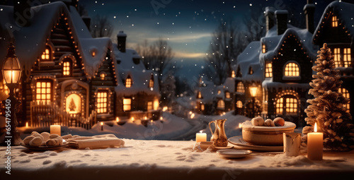 Christmas village on a snowy night in vintage style, Christmas Holidays, Magical Christmas night.