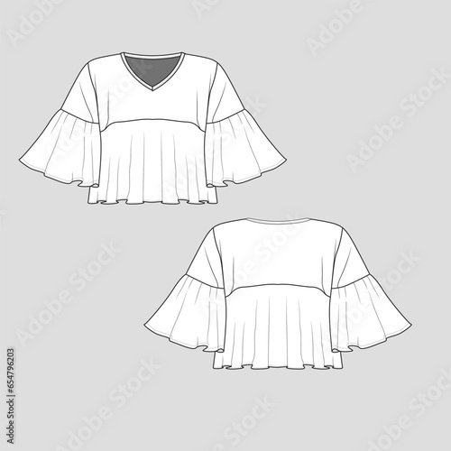 cropped flutter top v neck ruffle detail sleeve and hem crop tee blouse fashion flat sketch technical drawing template design vector.