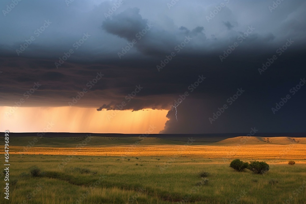 A thunderstorm illuminates the sky above an open landscape. Generative AI