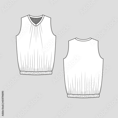 Fashion Sleeveless gathering hem top v neck gathering vest gatherings detail at hem flat sketch technical drawing cad template design vector