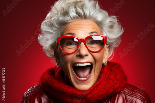 A happy smile old woman with a New Year's clothes and red glasses isolated on background © leo10