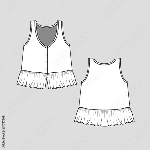 fashion tank ruffles crop top sleeveless tank v neck button panel ruffle detail peplum fashion flounce flare hem  flat sketch technical drawing template design vector