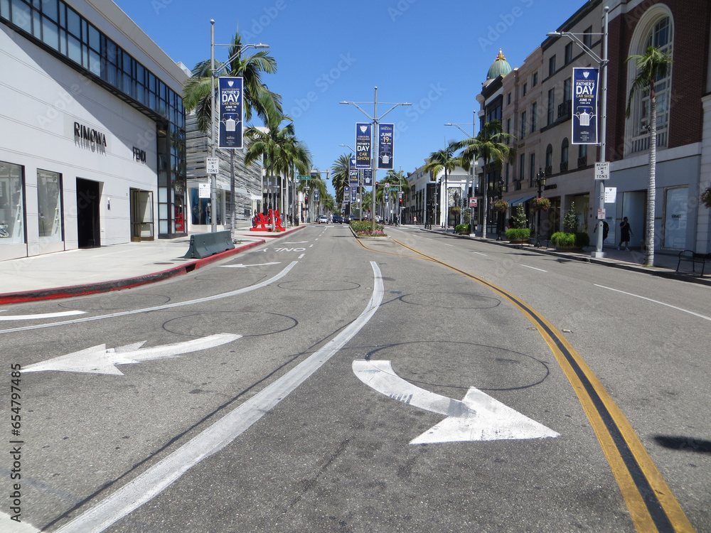 Los Angeles, California, USA, June 21, 2022: Rodeo Drive in Beverly Hills. Rodeo Drive is an affluent shopping district known for designer label and haute couture fashion.