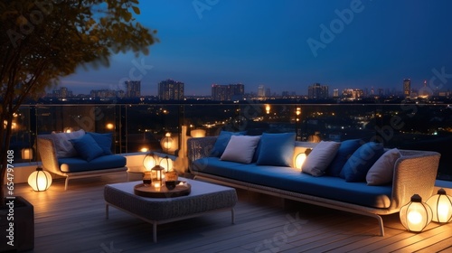 Rooftop of a beautiful house and cozy seating with panoramic views at city skyscraper, Modern decor.