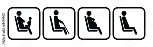 A set of icons for public transport. The seat of an elderly man, a pregnant woman, person with kid. Icons for determining places in the subway, train, bus