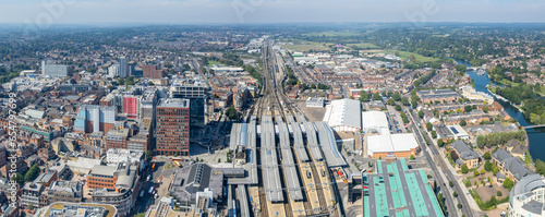 amazing aerial view of the downtown and railway station of Reading, Berkshire, UK
