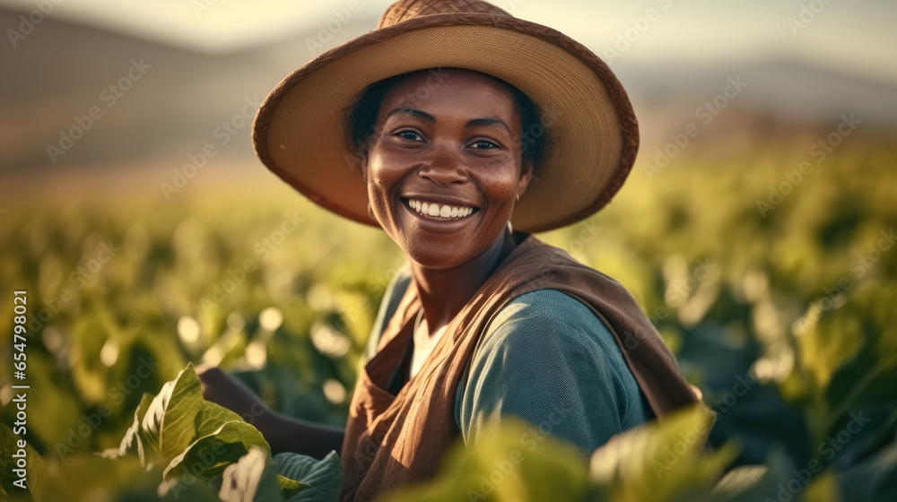 Smiling attractive African female farmer in a field of tobacco.